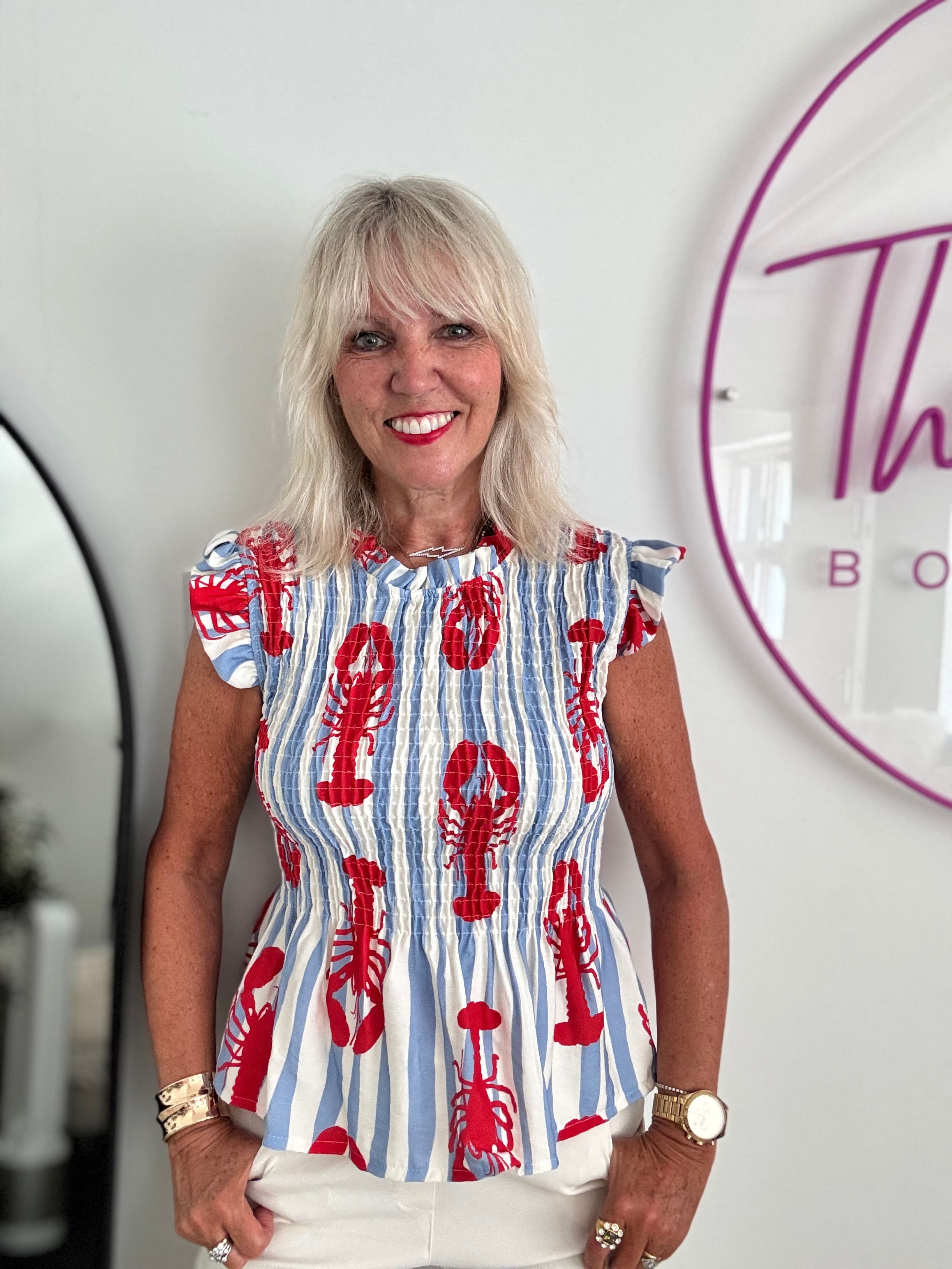 Shirred Lobster Top in Blue & Red