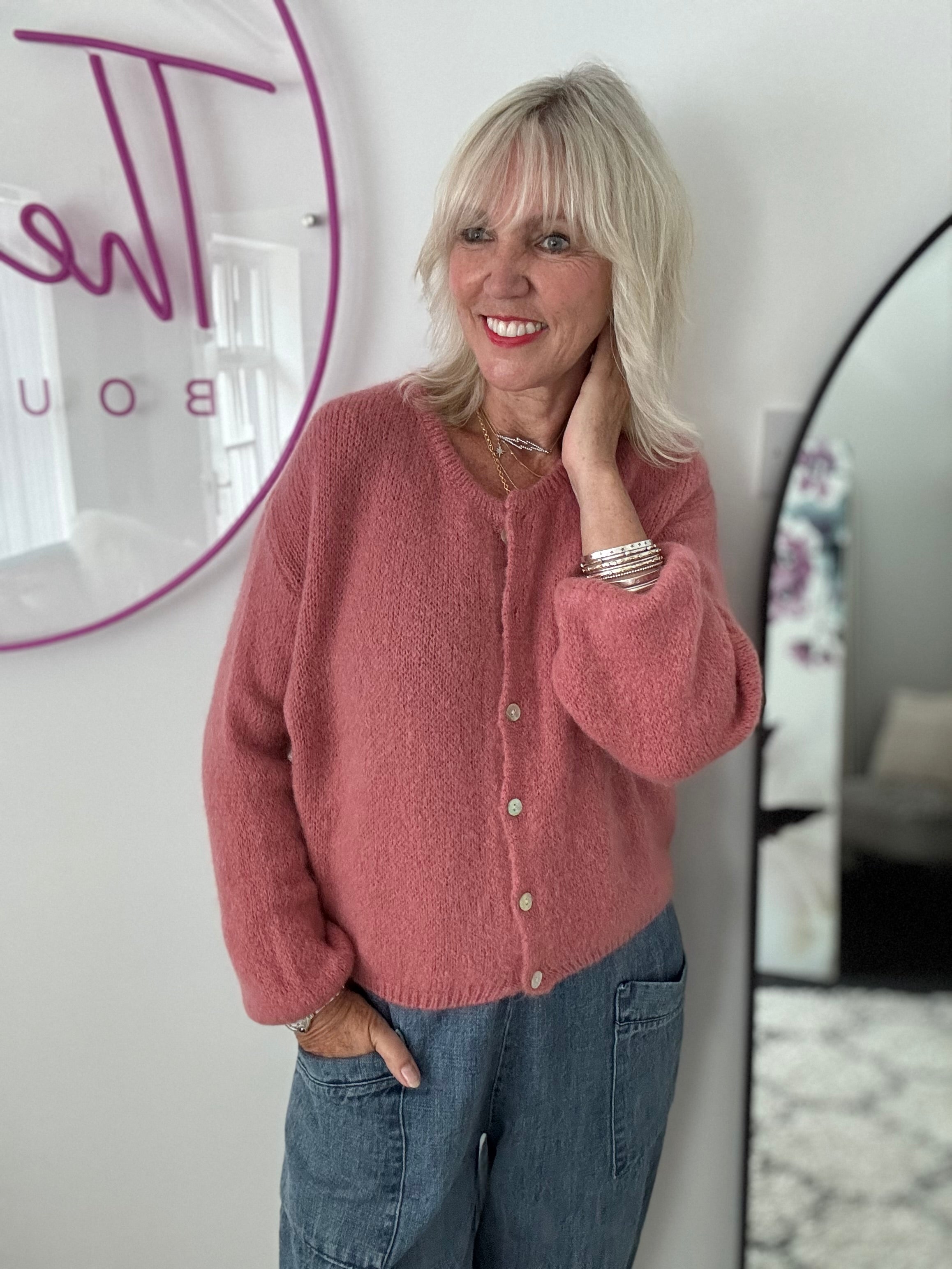 Mohair Buttoned Cardi in Blush Pink