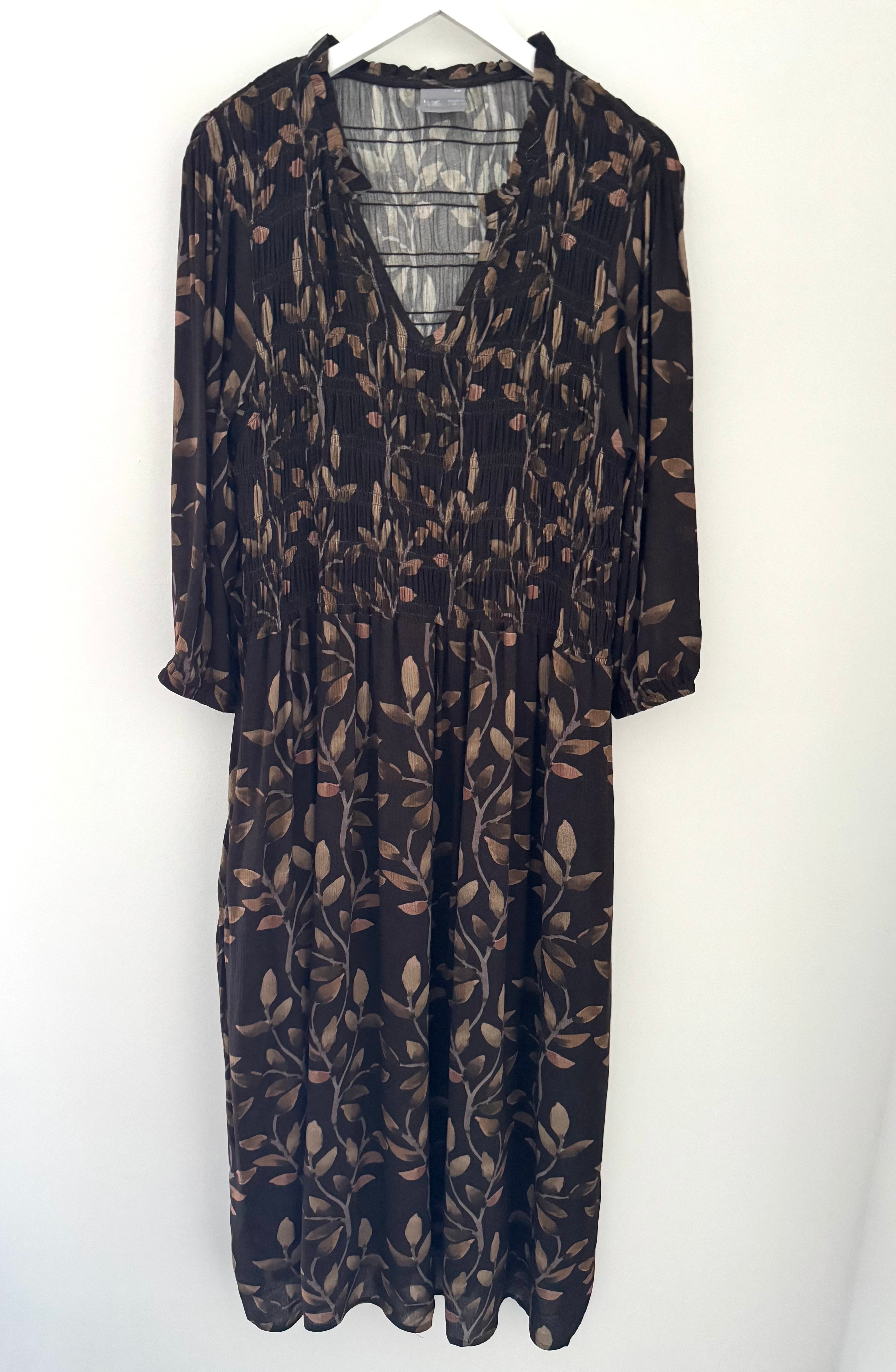 Leaf Print Dress with Shirred Bodice in Chocolate