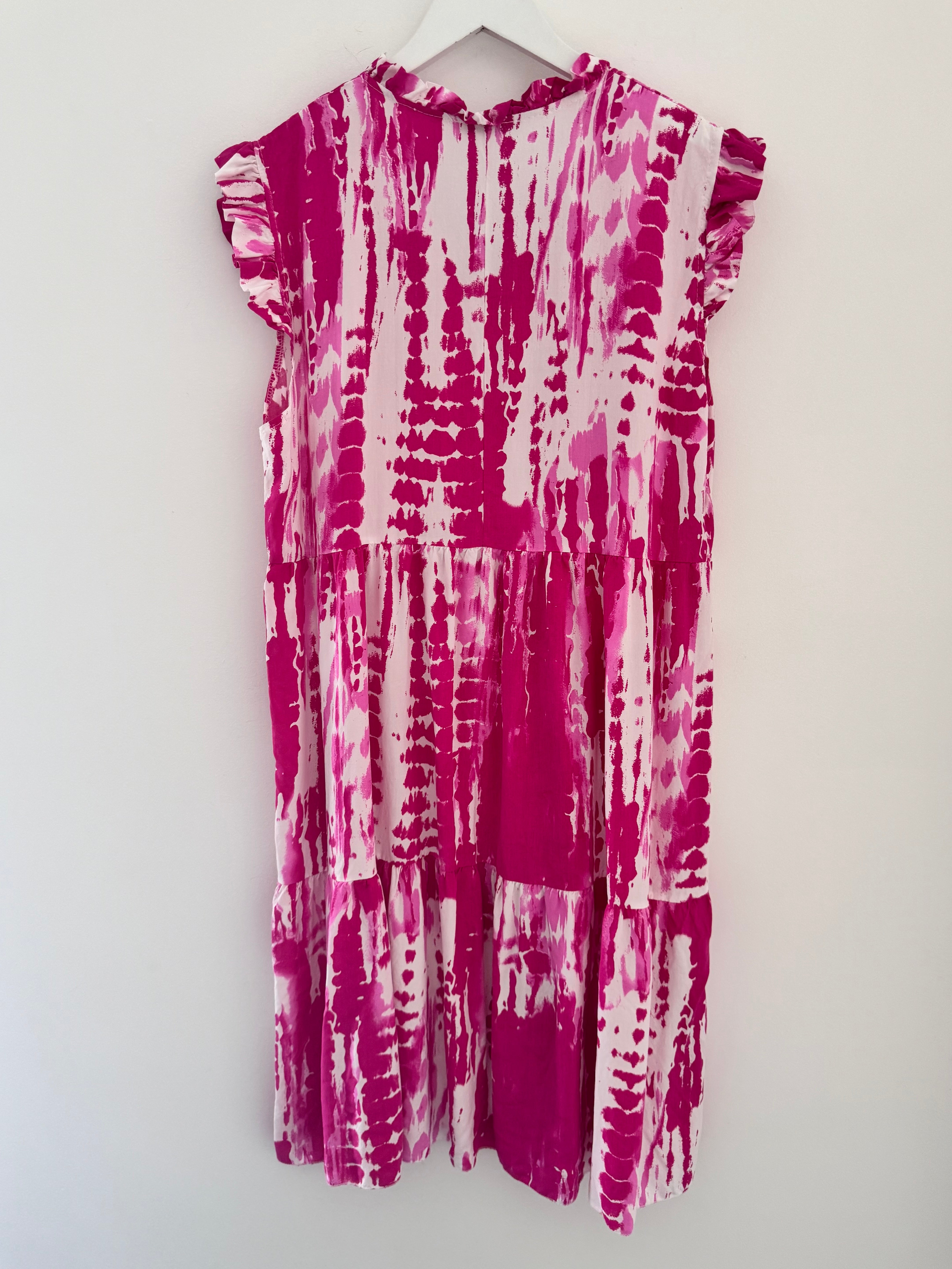 Tiered Sleeveless Dress in Fuchsia & White