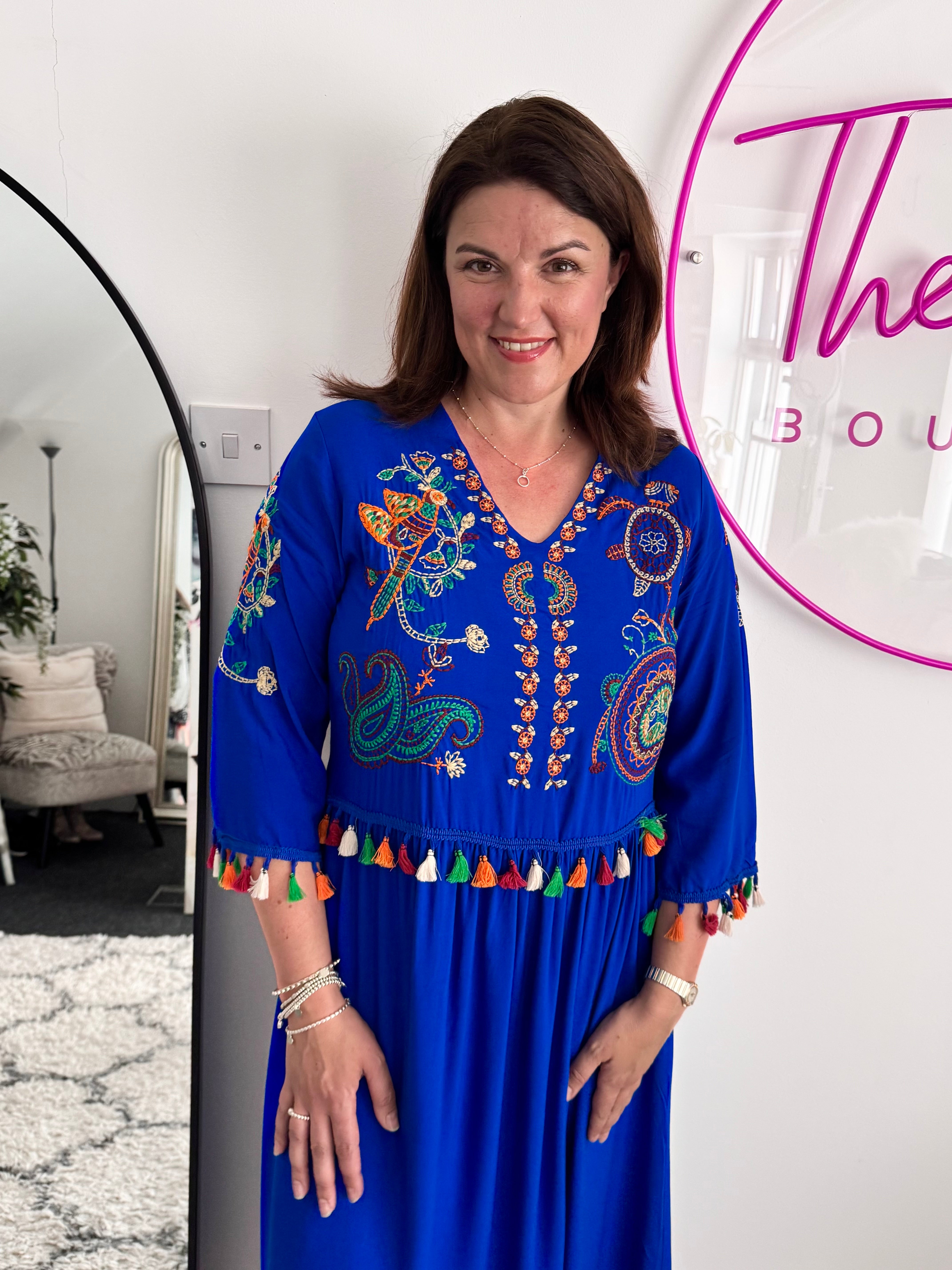 Embroidered Midi Dress in Blue