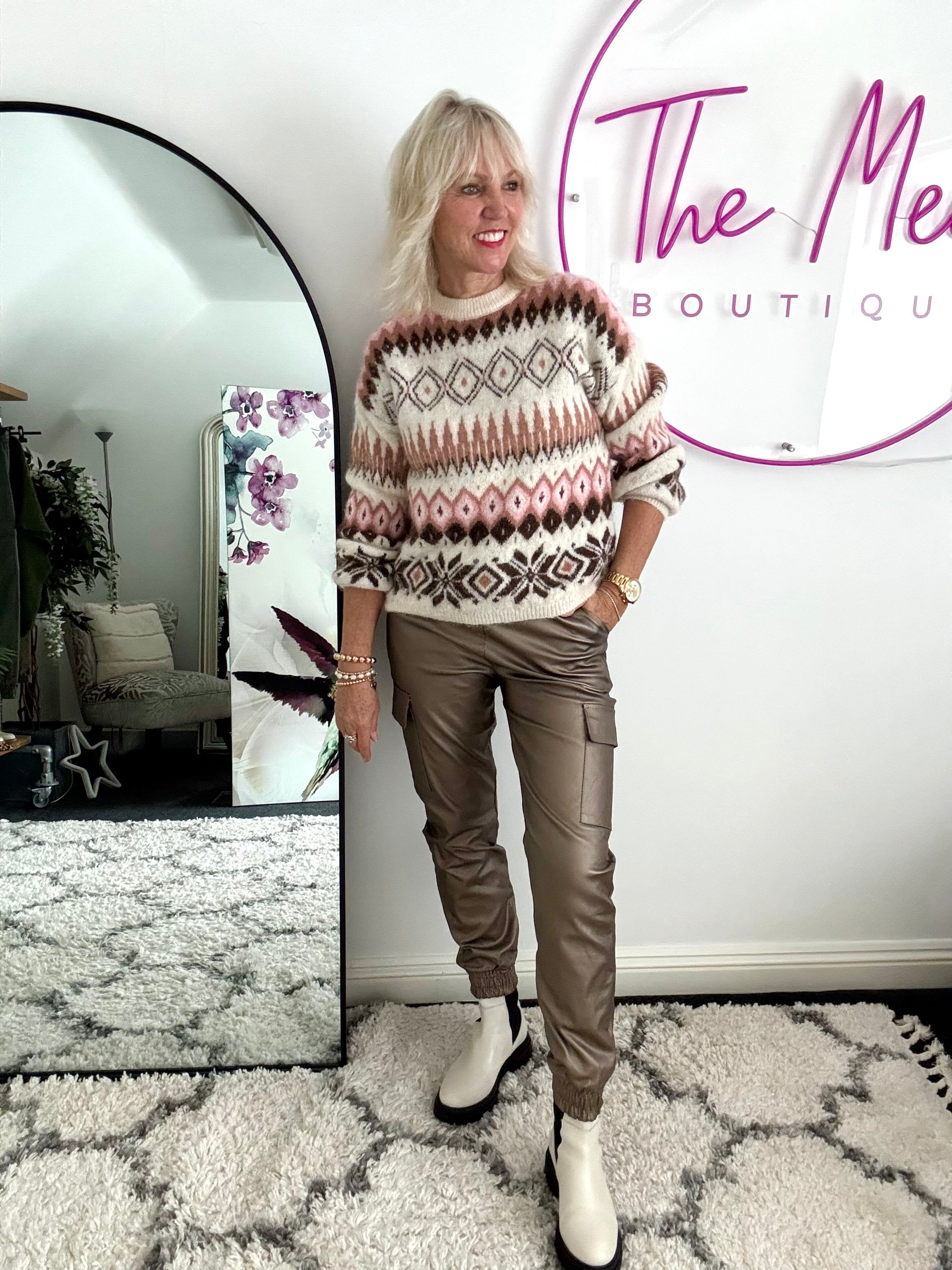 Leather Look Cargo Joggers in Pewter