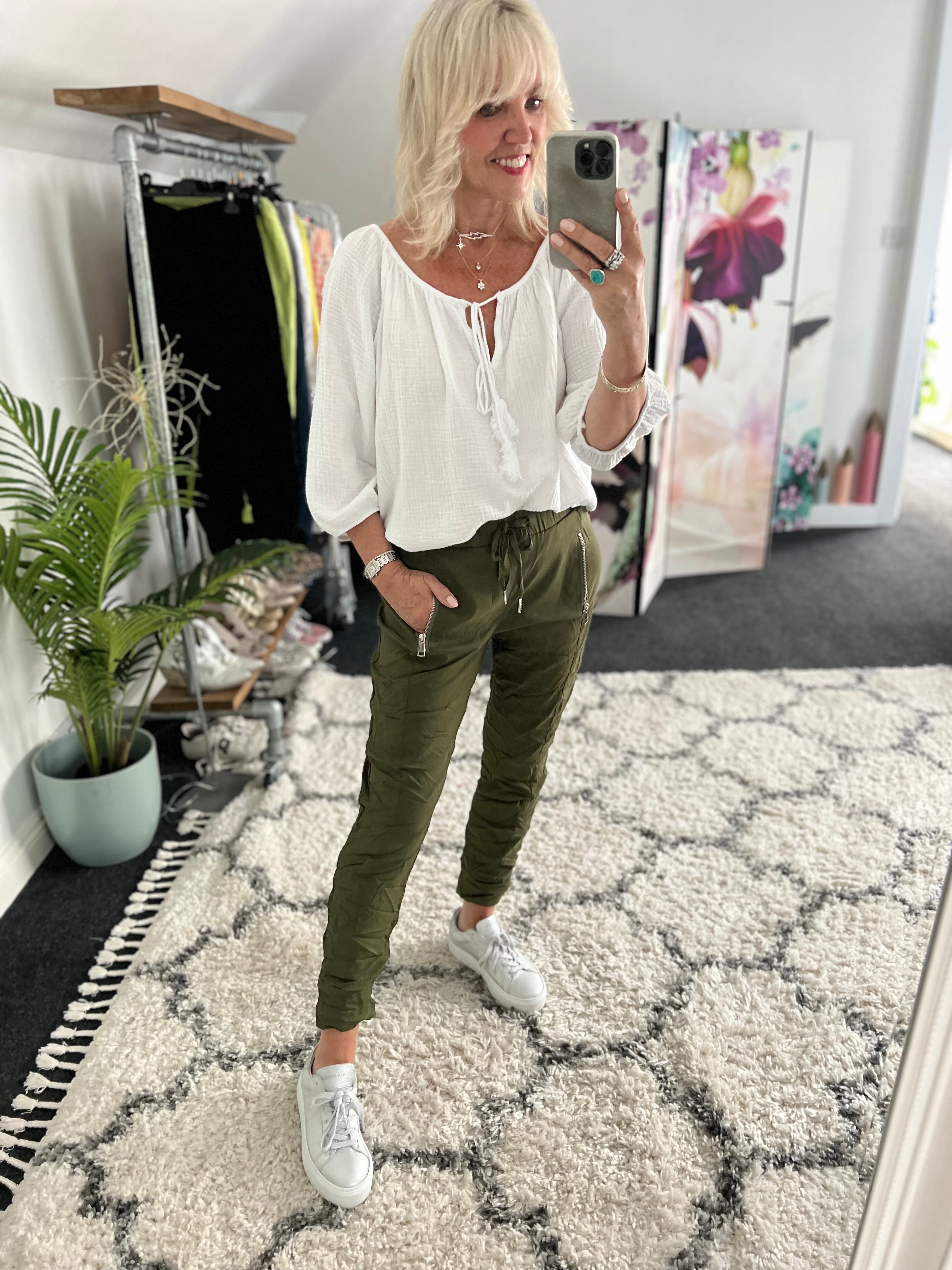 Crinkle Joggers with Pockets in Khaki