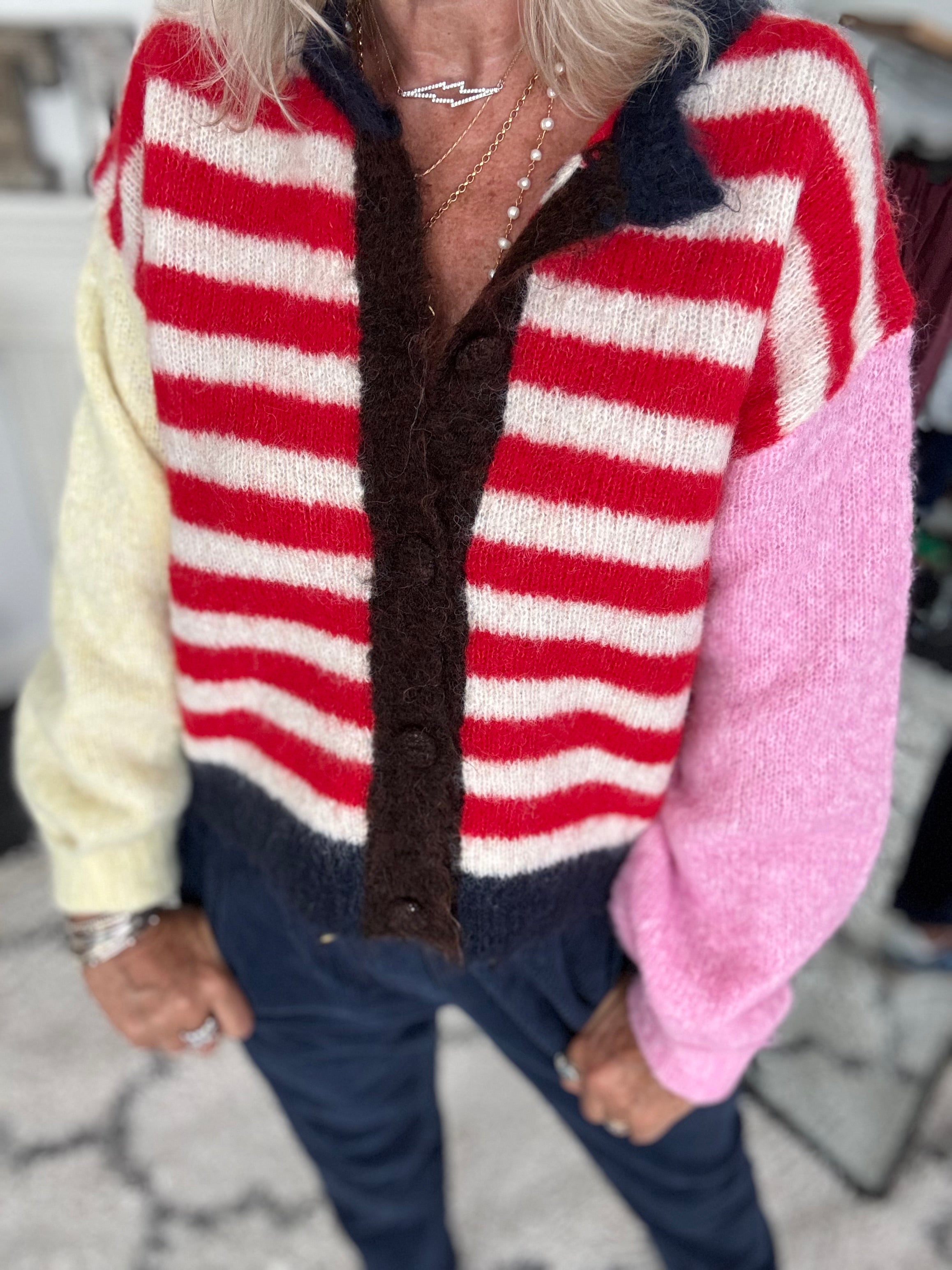 Stripe Mohair Cardi in Red & Yellow