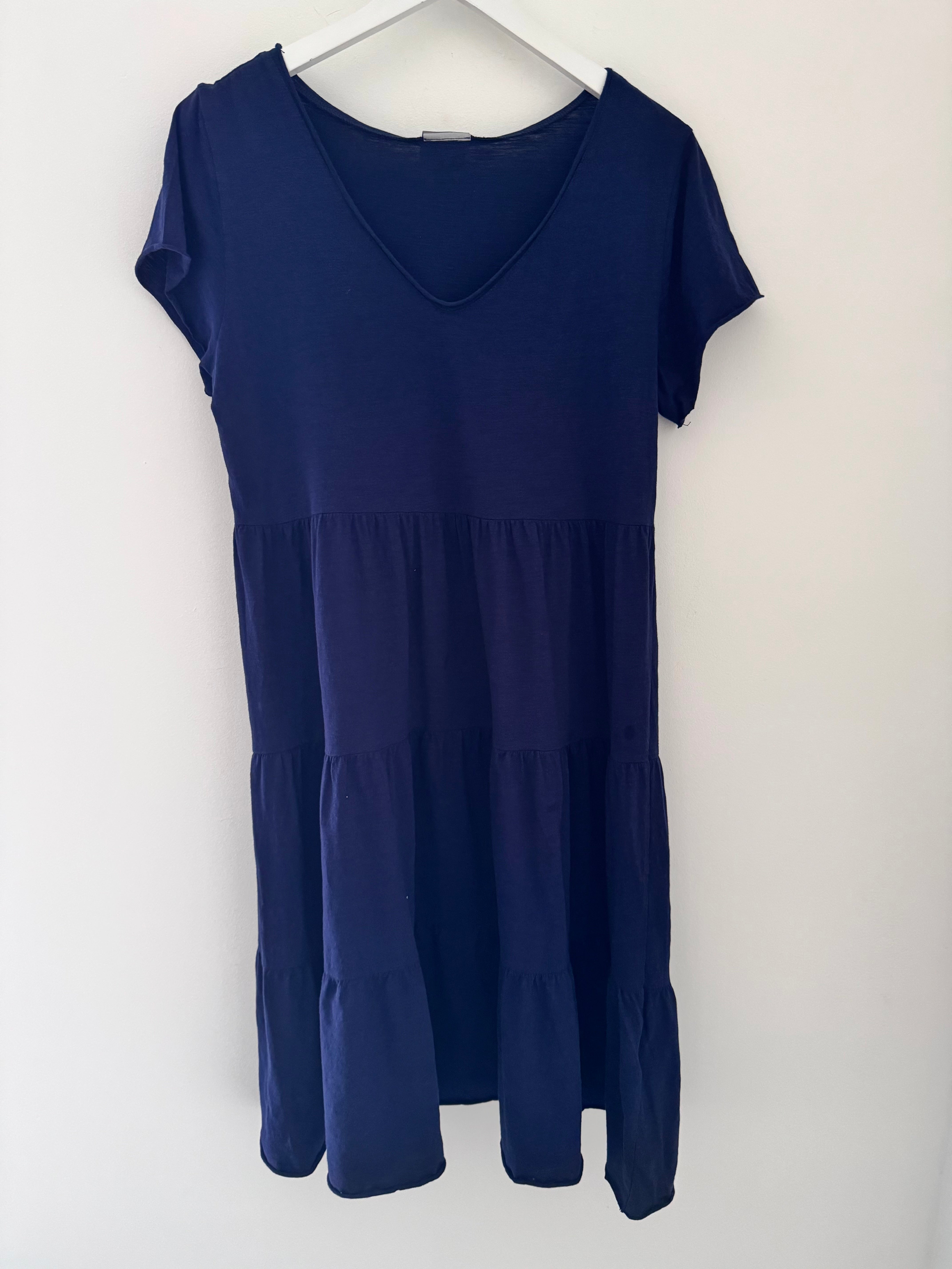 Tiered Cotton Stretch Dress in Navy