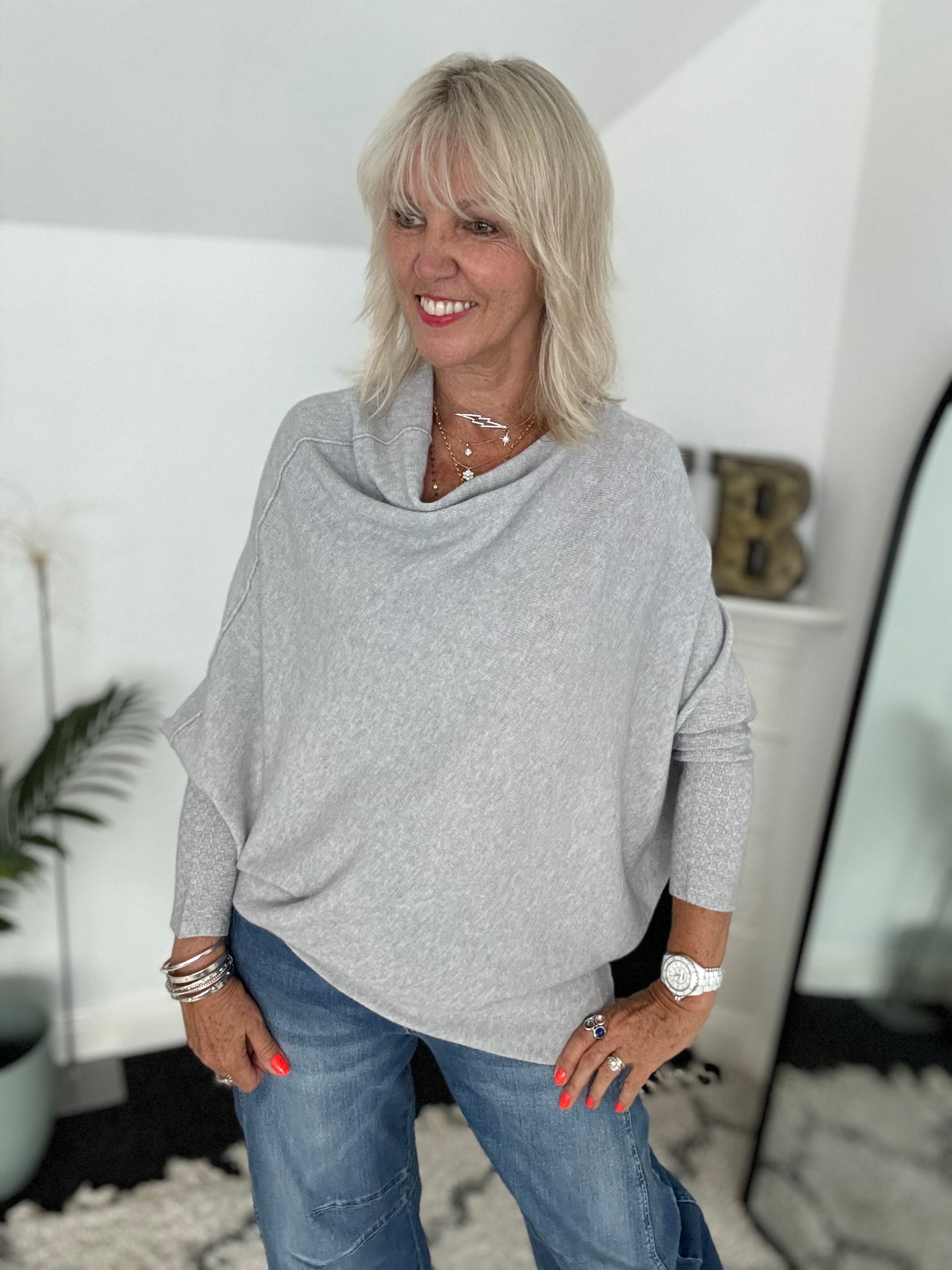 Cowl Neck Asymmetric Jumper in Light Grey