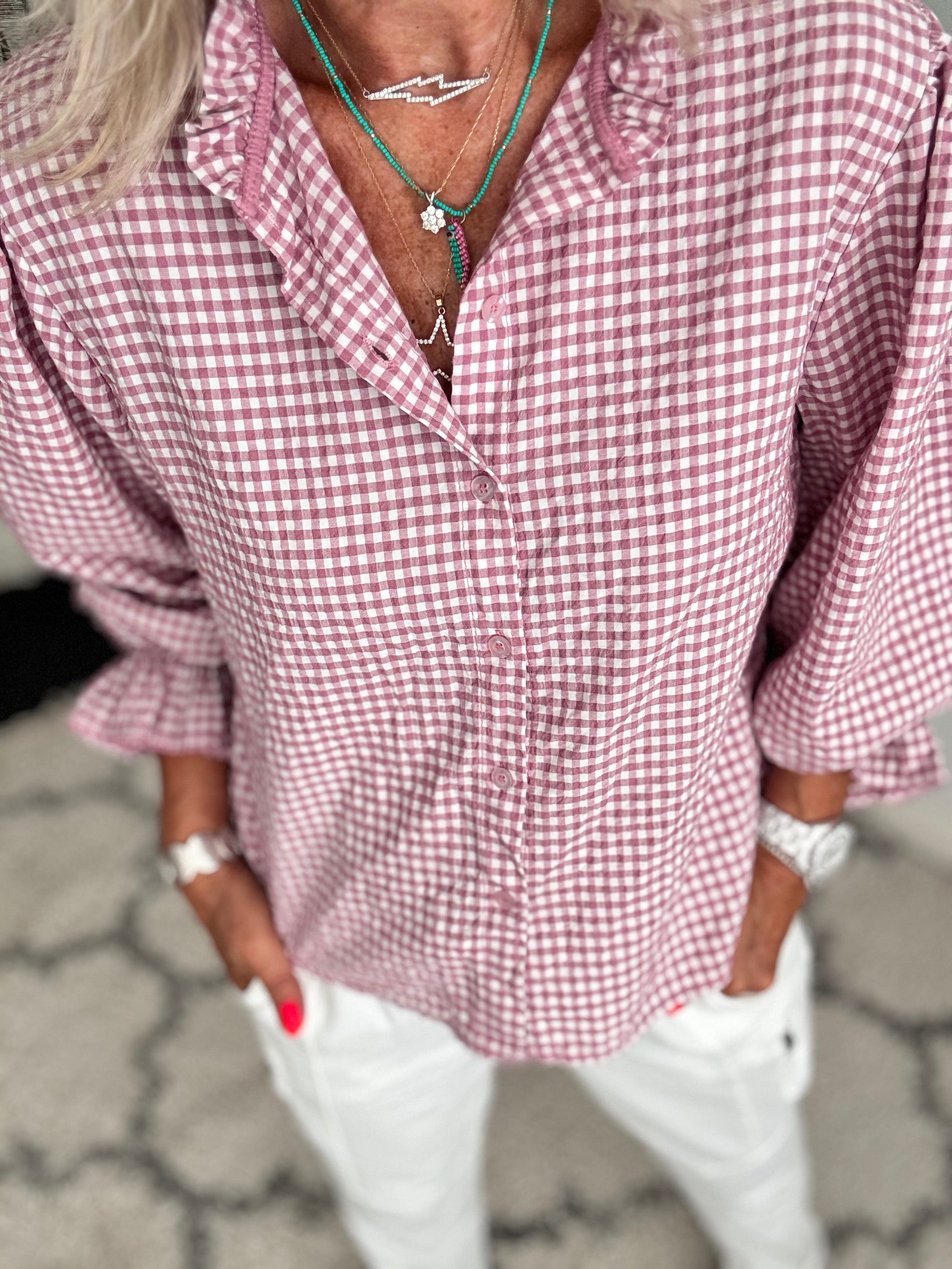 Gingham Seersucker Shirt in Rose Pink