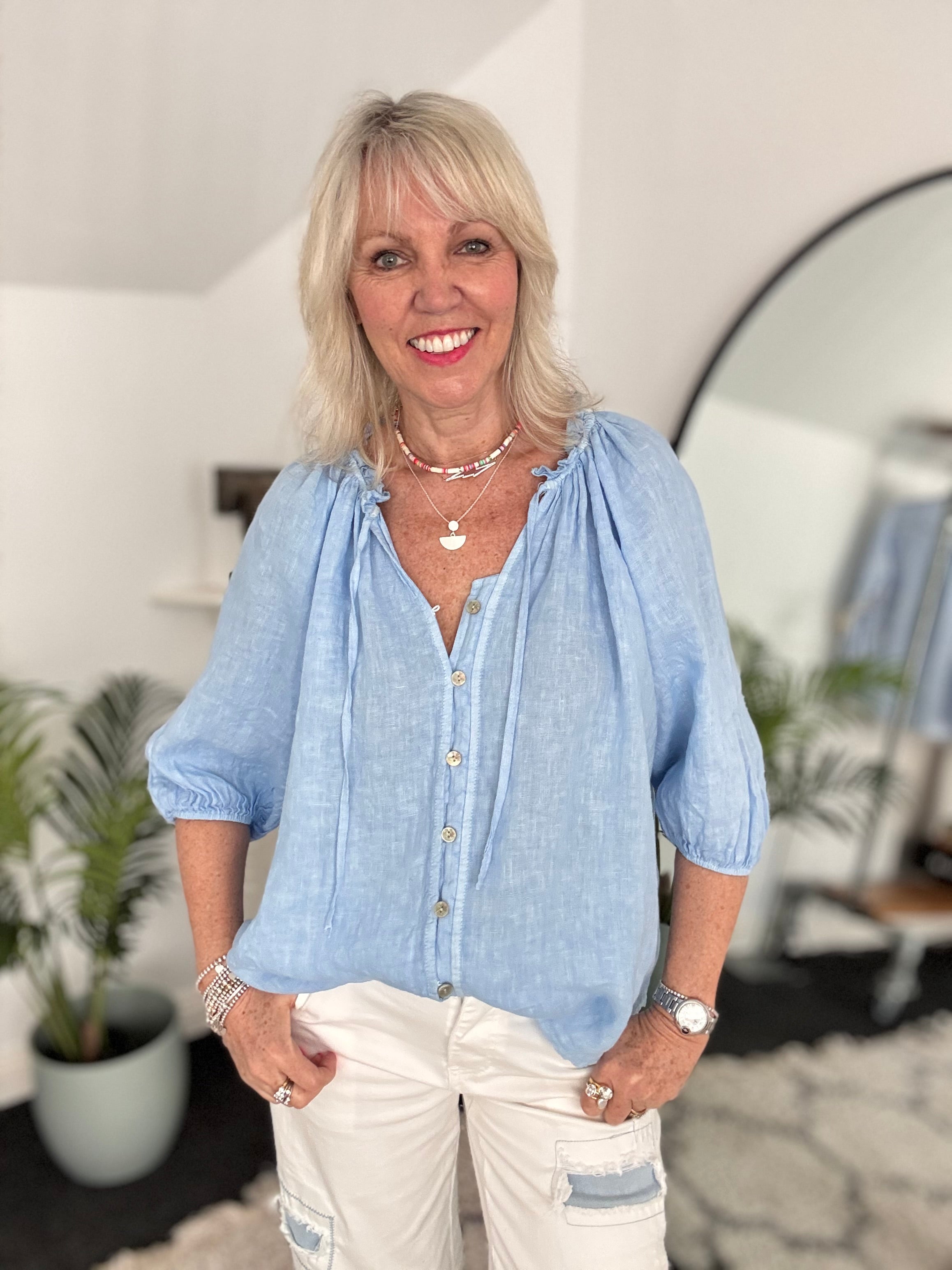 Pure Linen Designer Blouse in Sky Blue