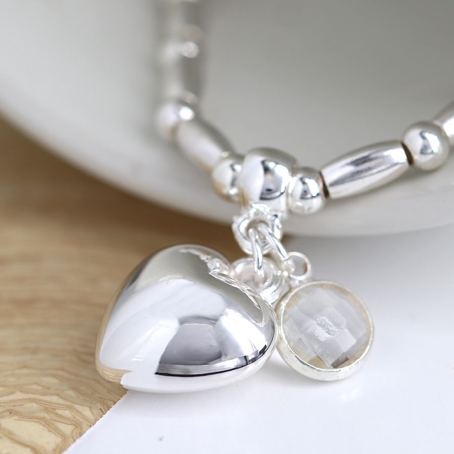 Puff Heart & Crystal Silver Bead Bracelet