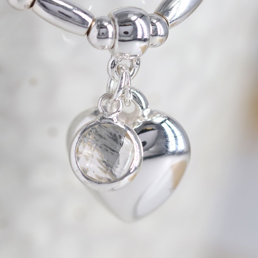 Puff Heart & Crystal Silver Bead Bracelet