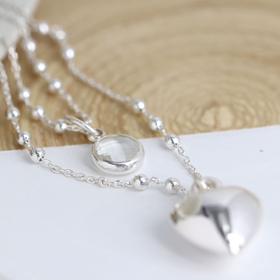 Two Layer Silver Necklace with Puff Heart & Crystal
