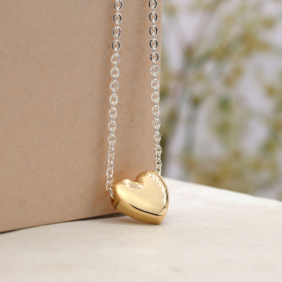 Silver Necklace with Gold Puff Heart