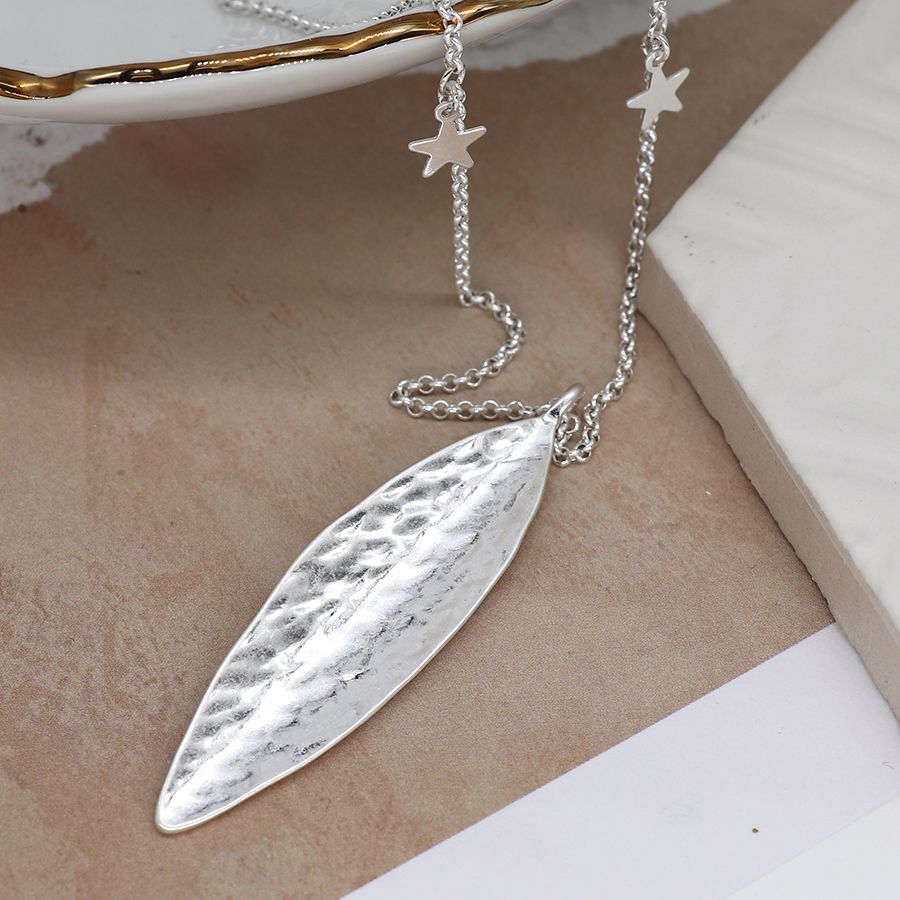 Silver Necklace with Hammered Leaf & Stars