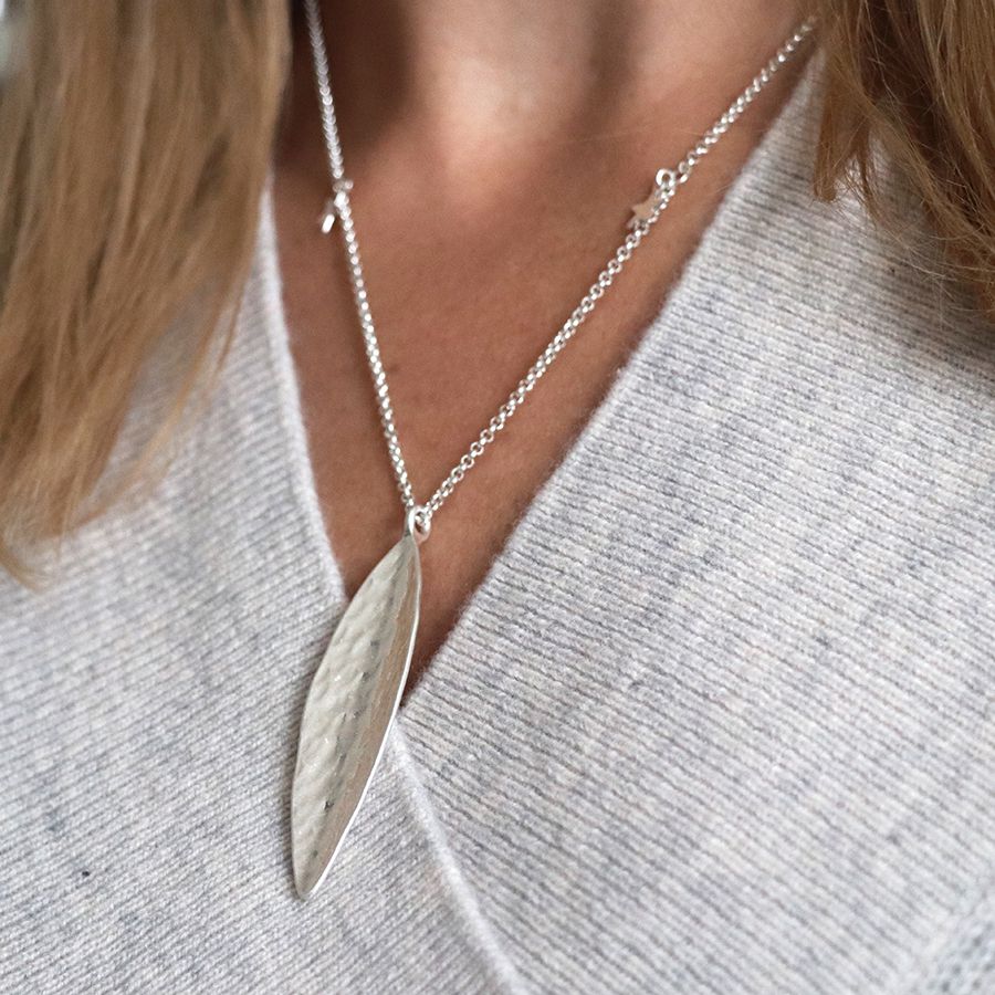 Silver Necklace with Hammered Leaf & Stars