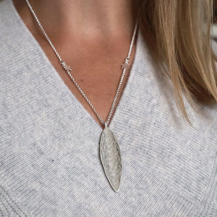 Silver Necklace with Hammered Leaf & Stars