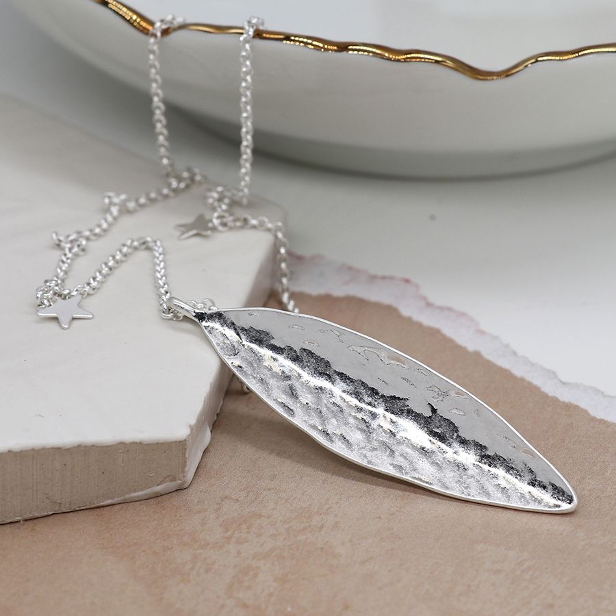 Silver Necklace with Hammered Leaf & Stars