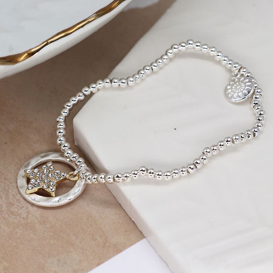 Silver Bracelet with Crystal Star & Hammered Hoop