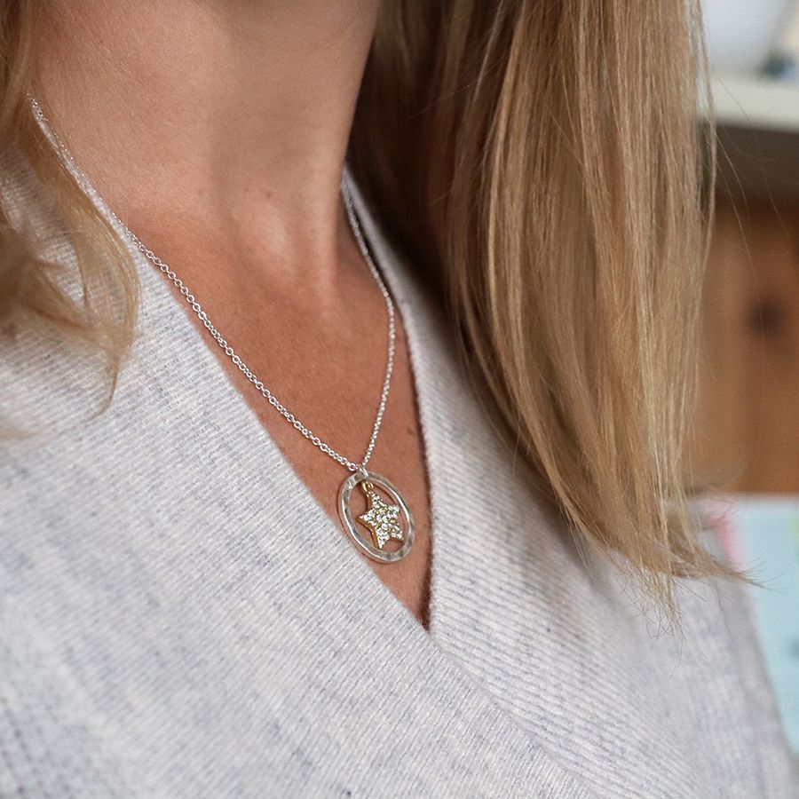 Silver Necklace with Crystal Star & Hammered Hoop