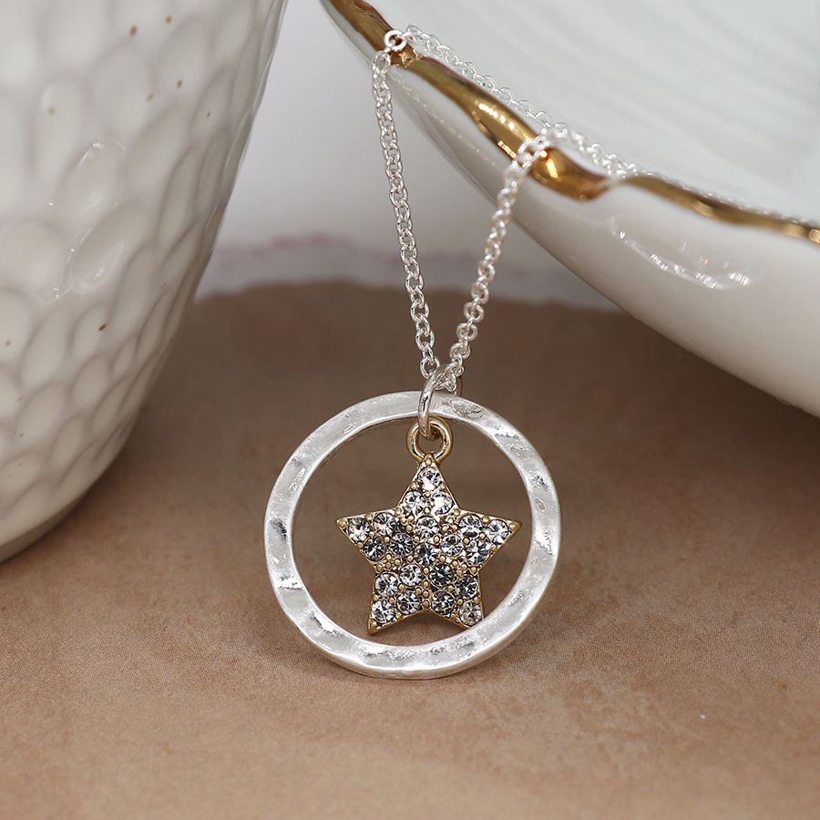Silver Necklace with Crystal Star & Hammered Hoop