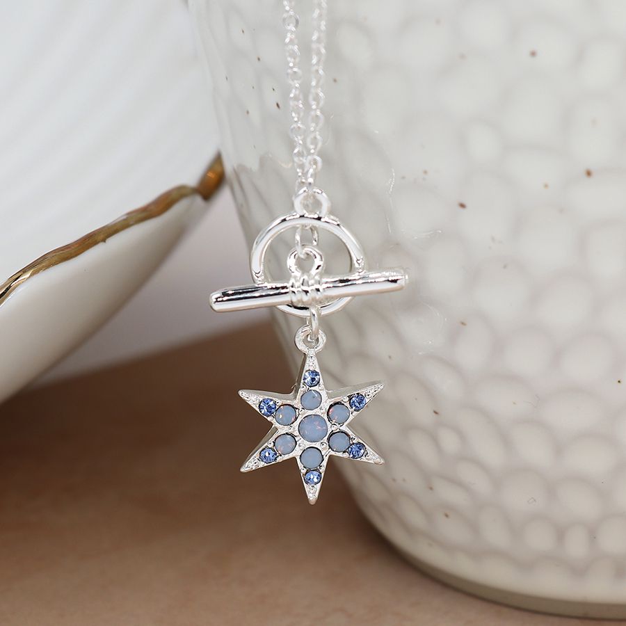 Silver T Bar Necklace with Blue Crystal Star