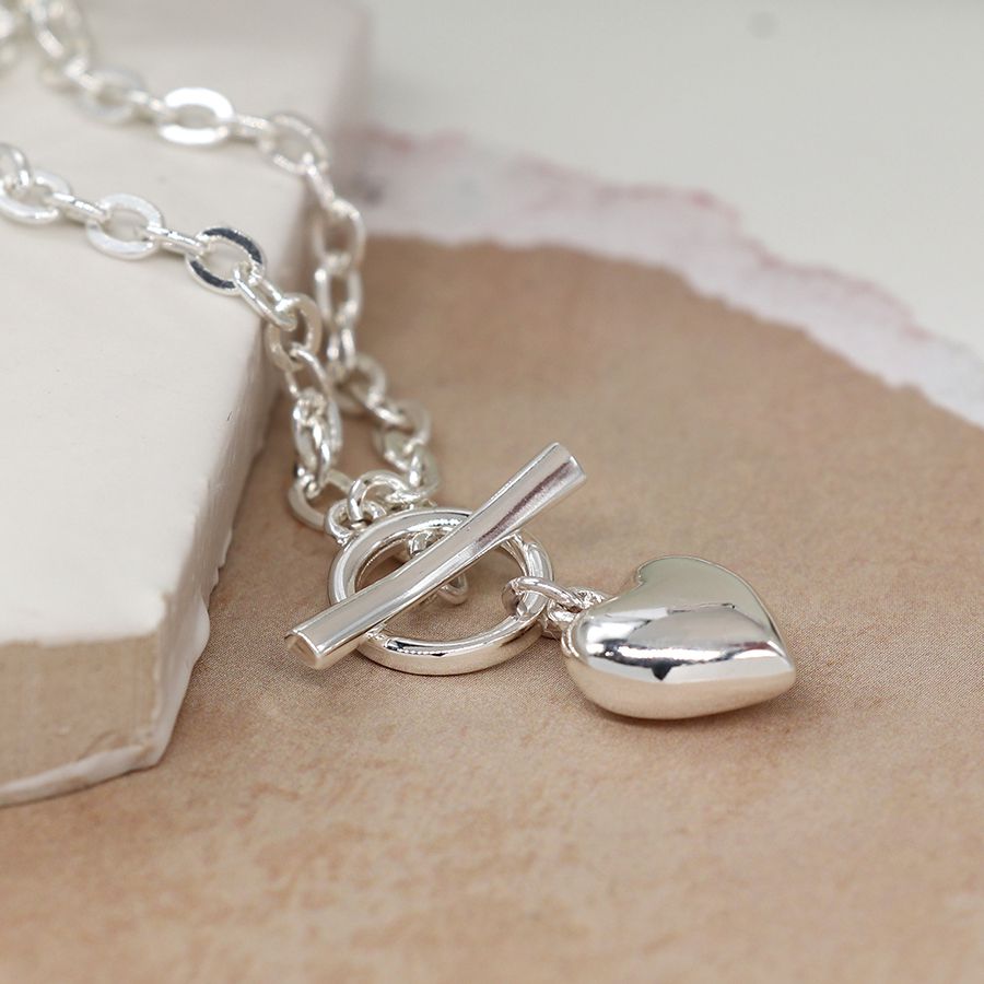 Silver T Bar Necklace with Puff Heart Charm
