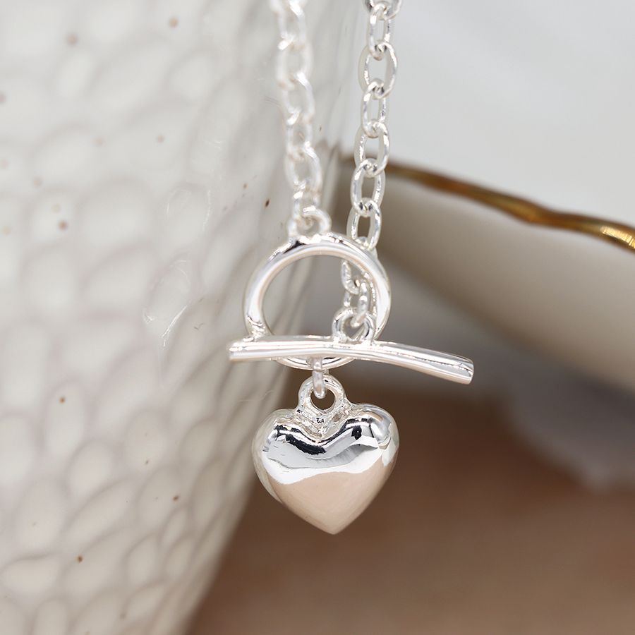 Silver T Bar Necklace with Puff Heart Charm