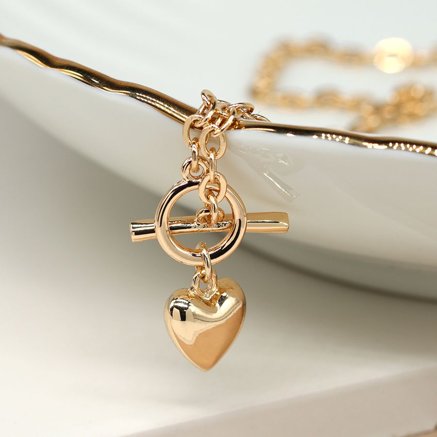 Gold T Bar Necklace with Puff Heart Charm