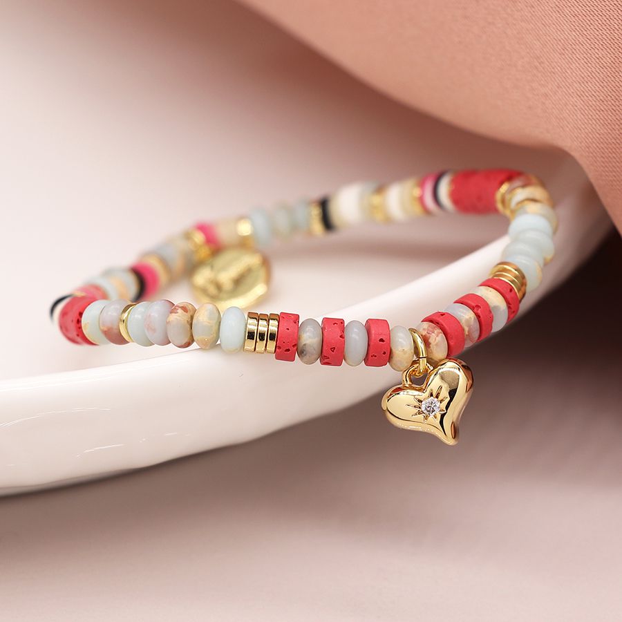 Coral Bead Bracelet with Gold Heart