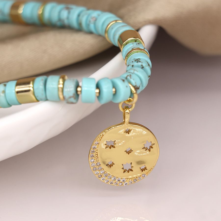 Turquoise Bead Necklace with Gold Pendant