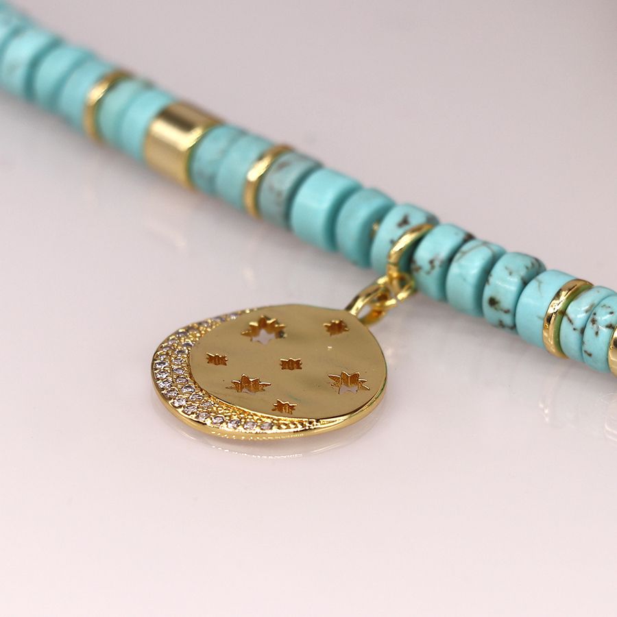 Turquoise Bead Necklace with Gold Pendant