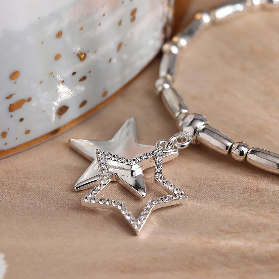 Silver Plated Bead Bracelet Double Star with Crystals