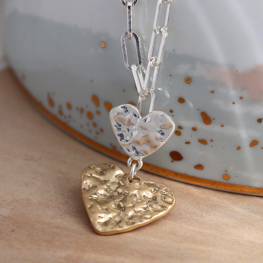 Paperclip Necklace with Gold & Silver Beaten Heart Pendants