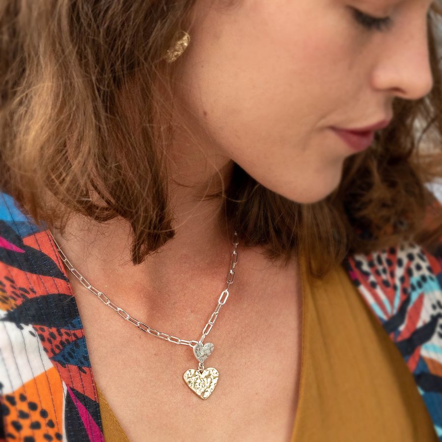 Paperclip Necklace with Gold & Silver Beaten Heart Pendants