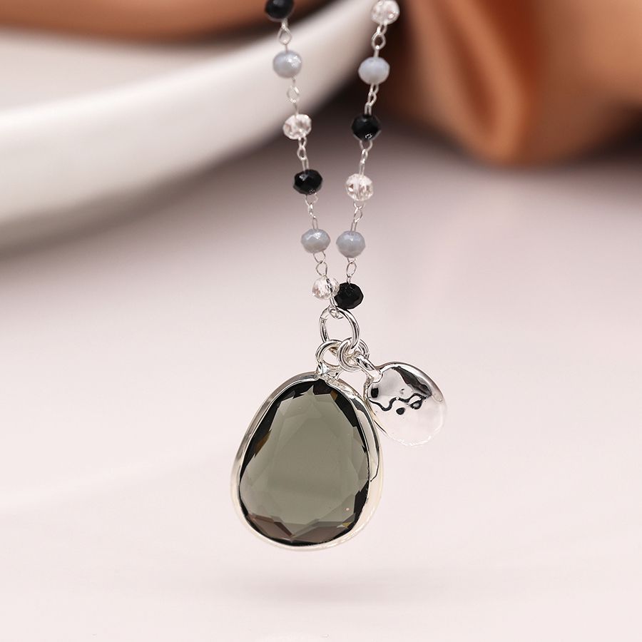 Silver Plated Bead Necklace with Smokey Pendant