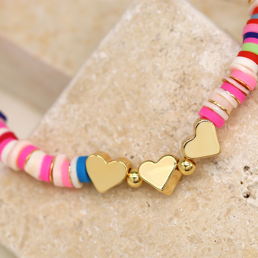 Pink Beaded Bracelet with Gold Hearts
