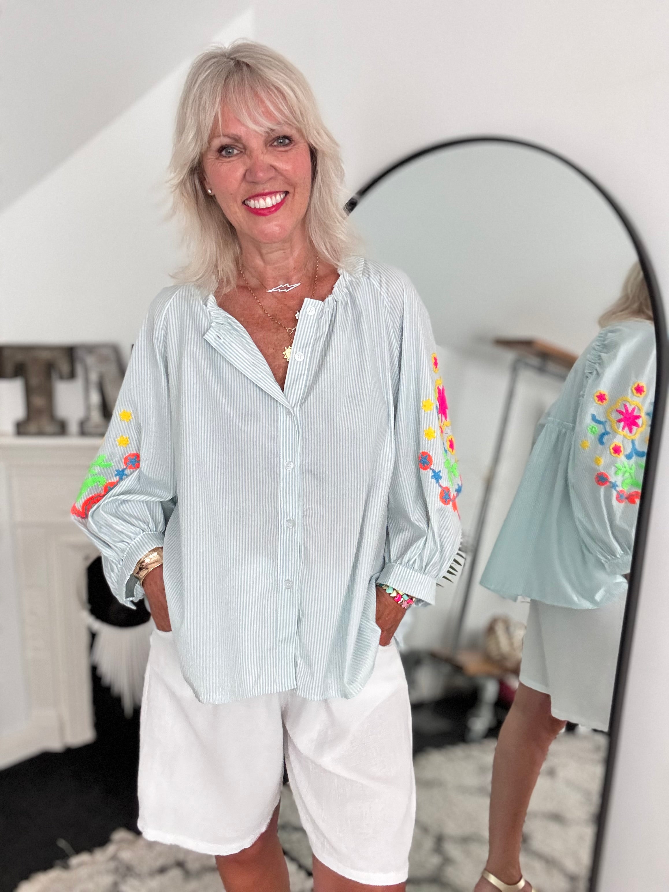 Designer Stripe Shirt with Neon Embroidered Sleeves in Seafoam Green