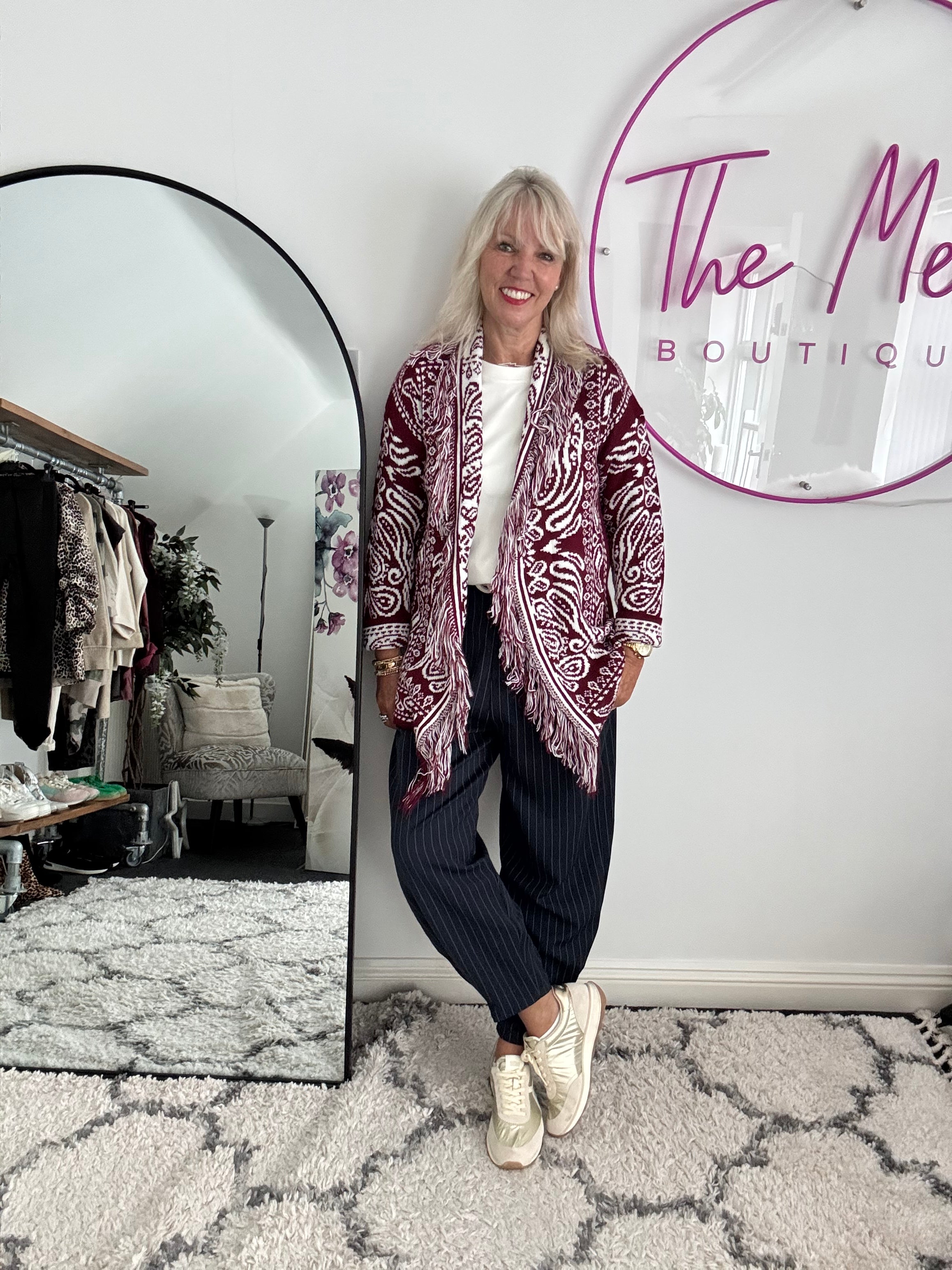 Fringed Paisley Cardigan in Wine