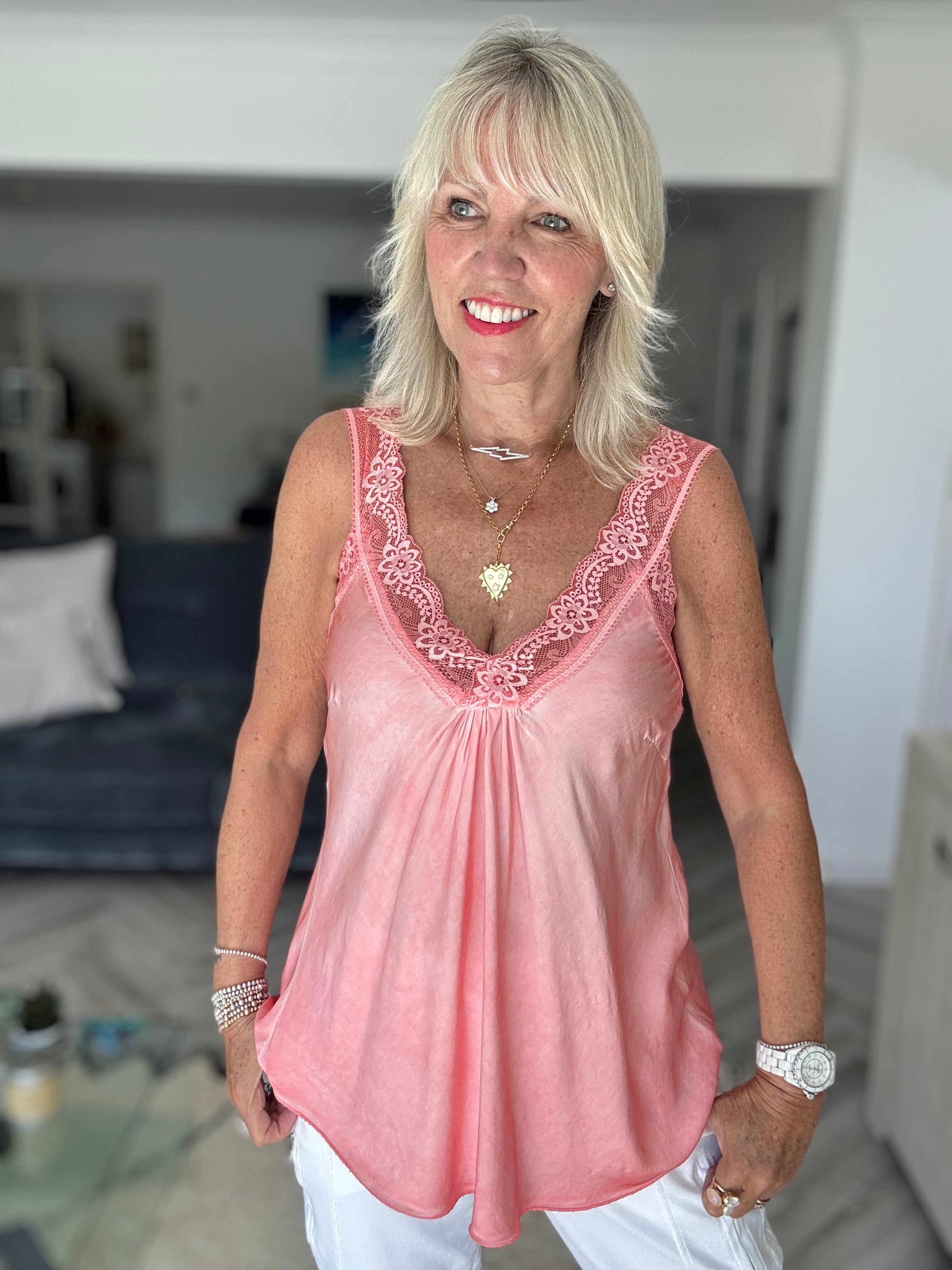 Lace Trim Silk Cami in Coral