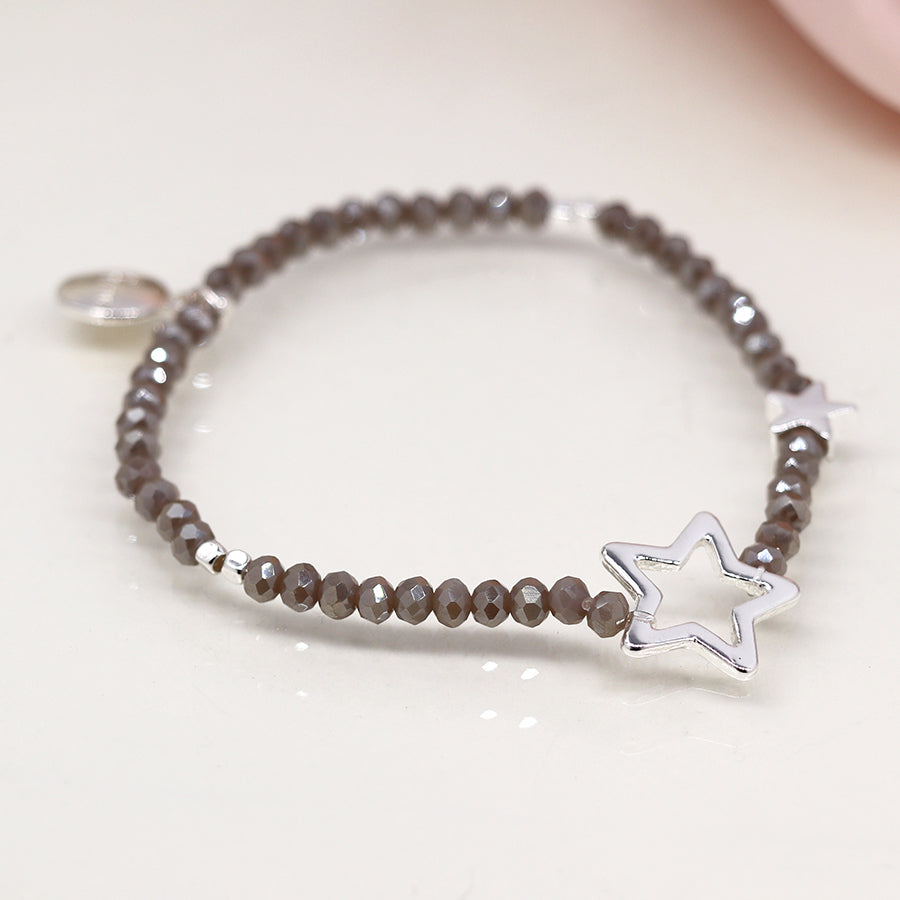 Grey Bead Bracelet with Silver Stars