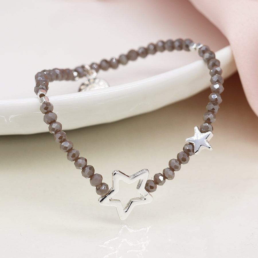 Grey Bead Bracelet with Silver Stars