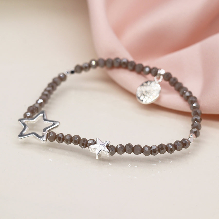 Grey Bead Bracelet with Silver Stars