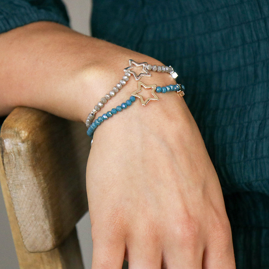 Grey Bead Bracelet with Silver Stars