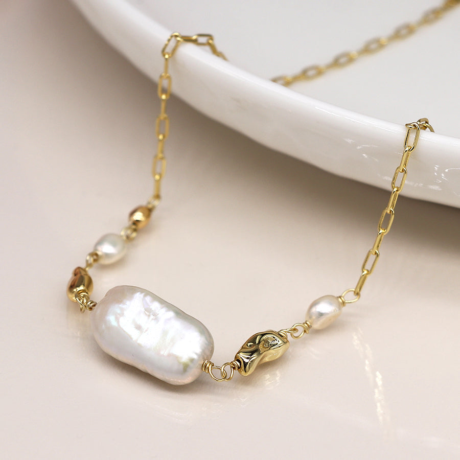 Gold Chain & Large Freshwater Pearl Necklace