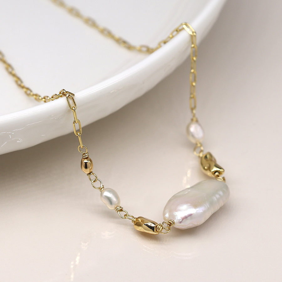 Gold Chain & Large Freshwater Pearl Necklace