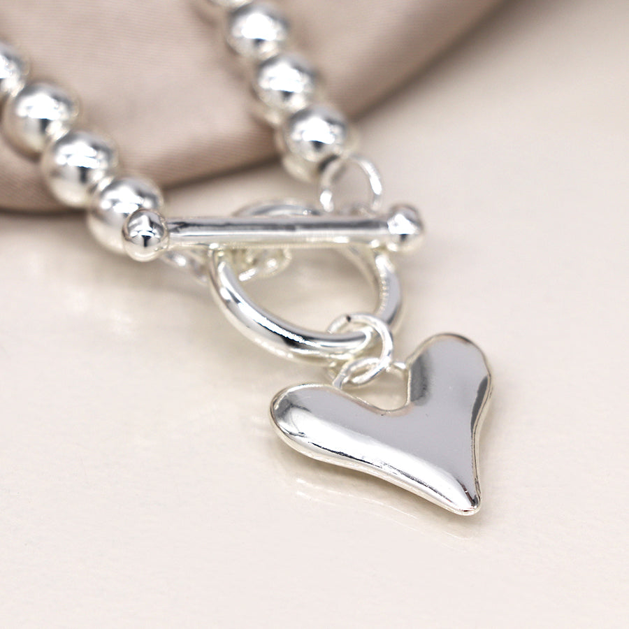 Silver Bead T-Bar & Heart Charm Stretch Bracelet