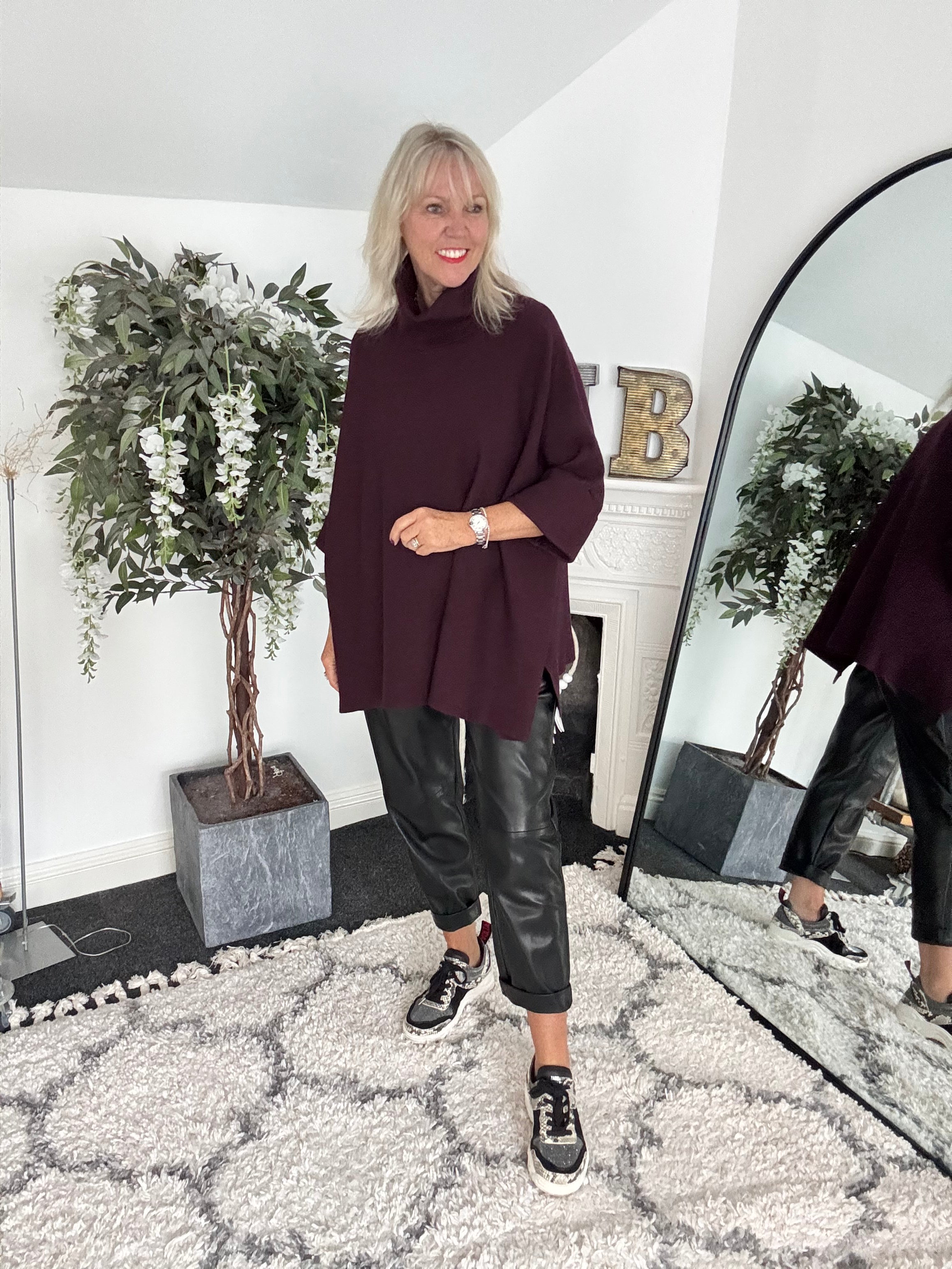Oversized Roll Neck Poncho Jumper in Plum