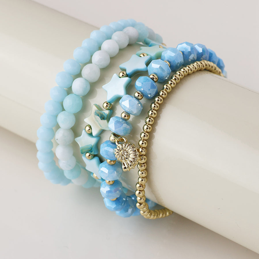 Five Stack Bracelets in Pale Blue with Gold Seashell