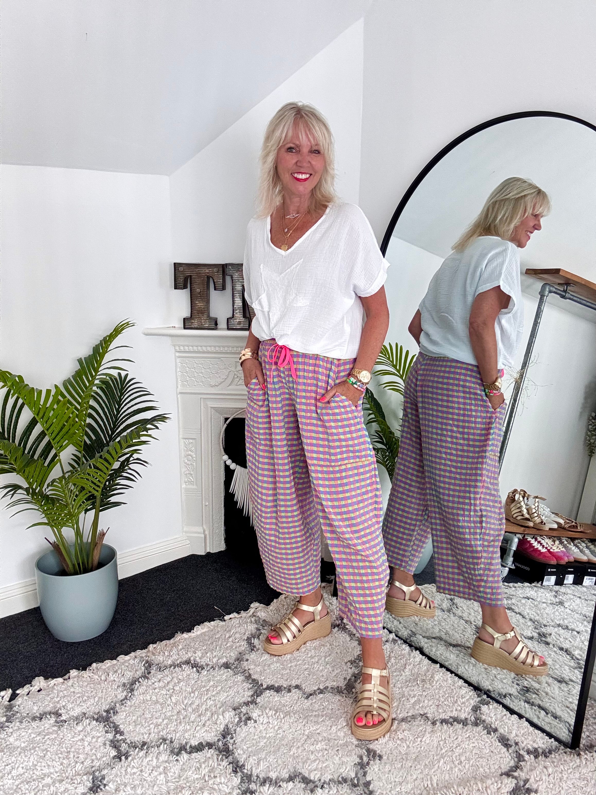 Barrel Check Trousers in Pink & Lime