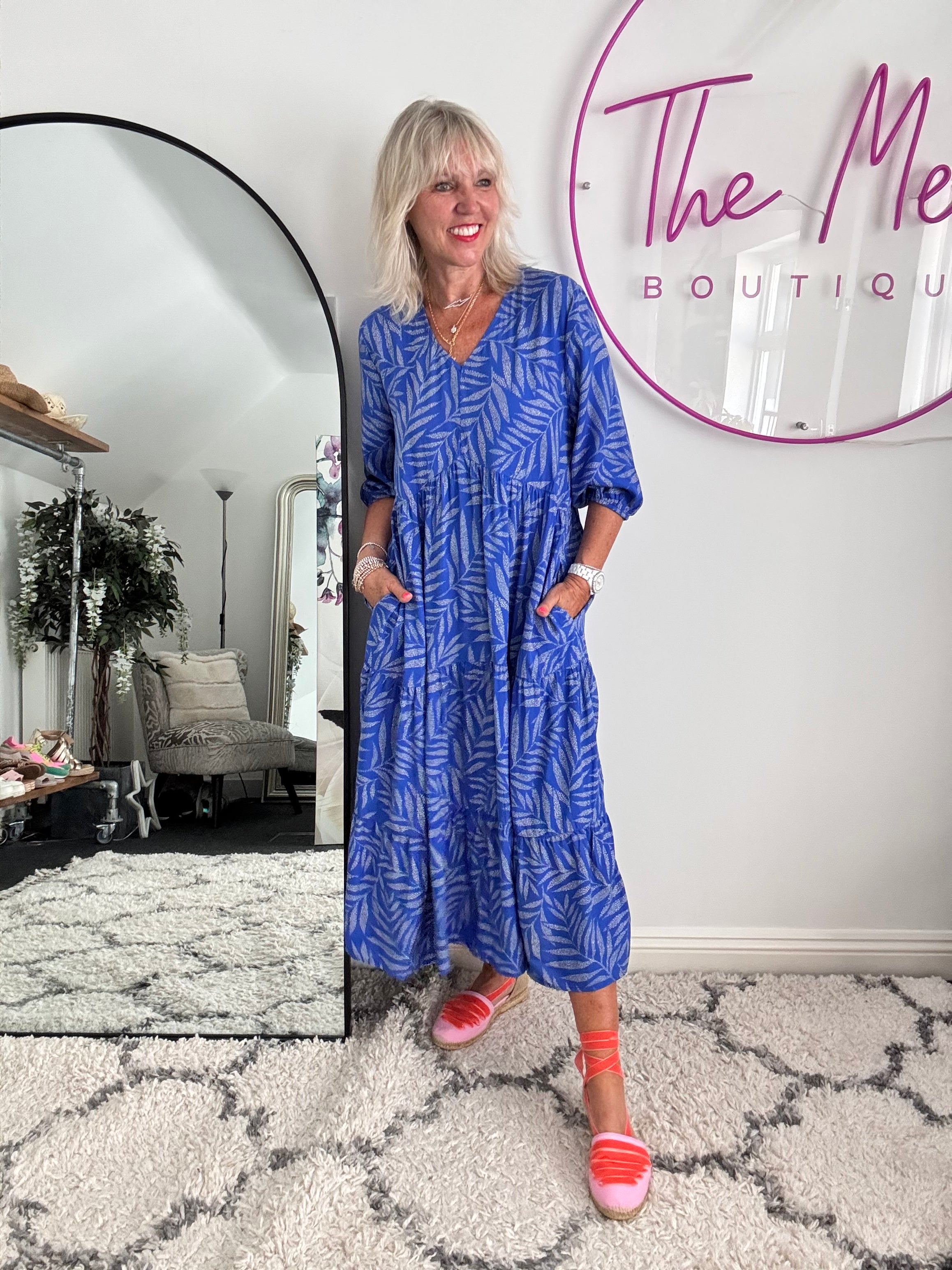 Leaf Tiered Dress in Royal Blue