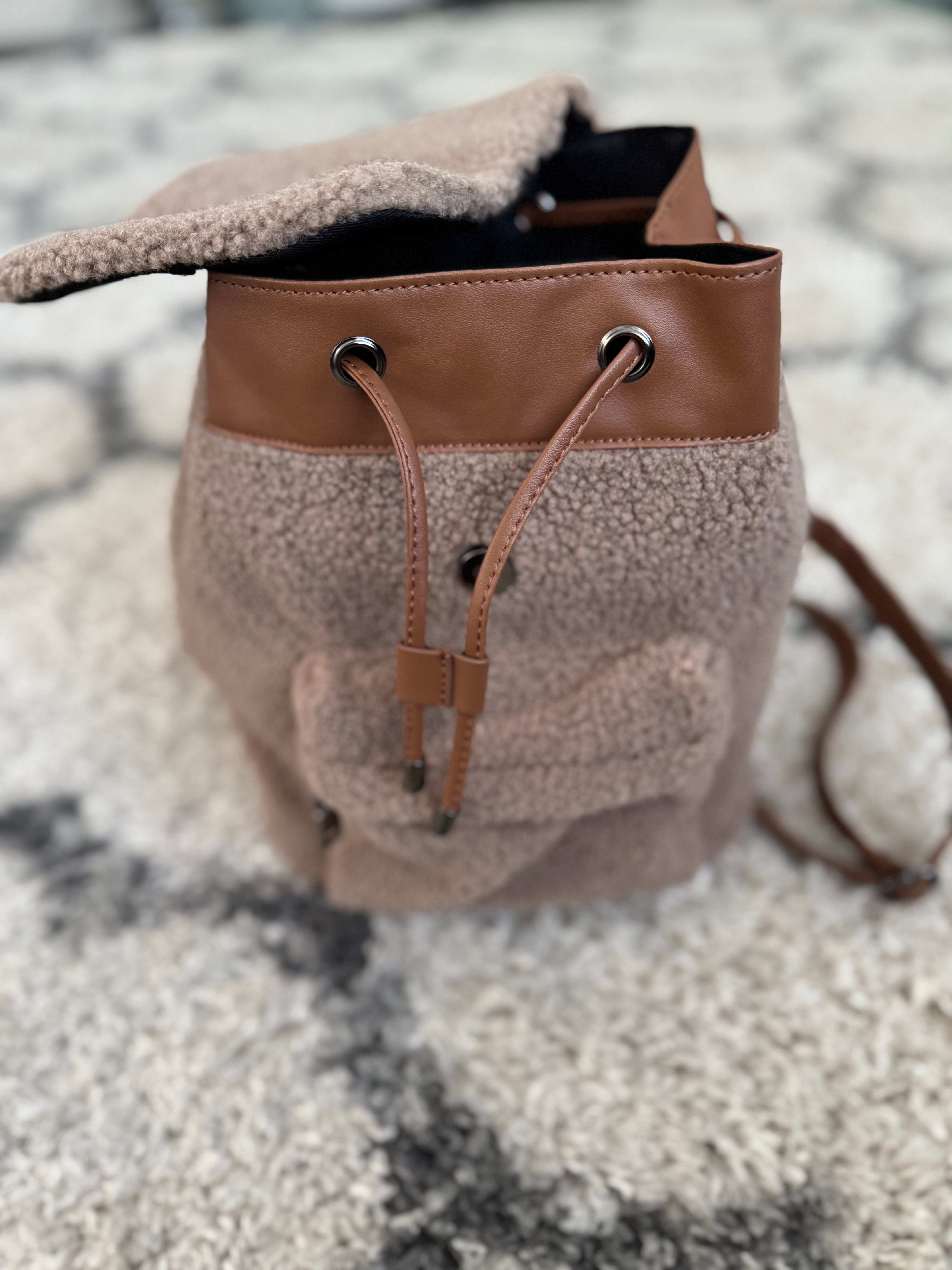 Borg & Vegan Leather Backpack Bag in Mocha